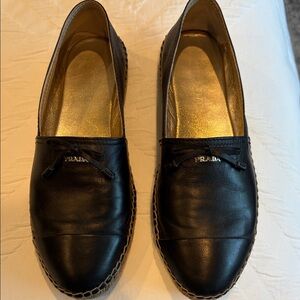 Prada Black Leather Espadrille Loafers with Gold Insole